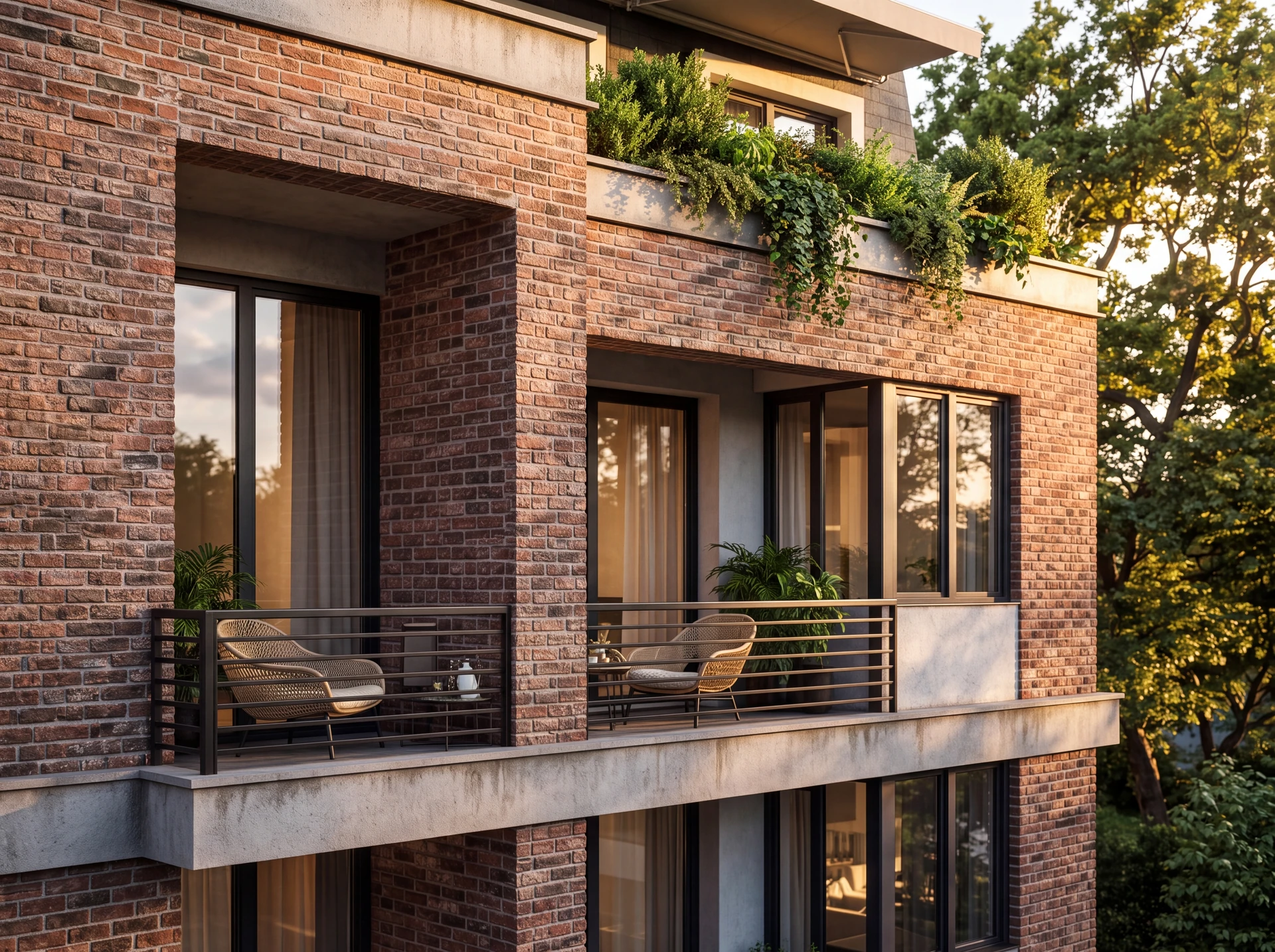 Harmony Residence: balcony detail with brickwork, metal railings and planting.