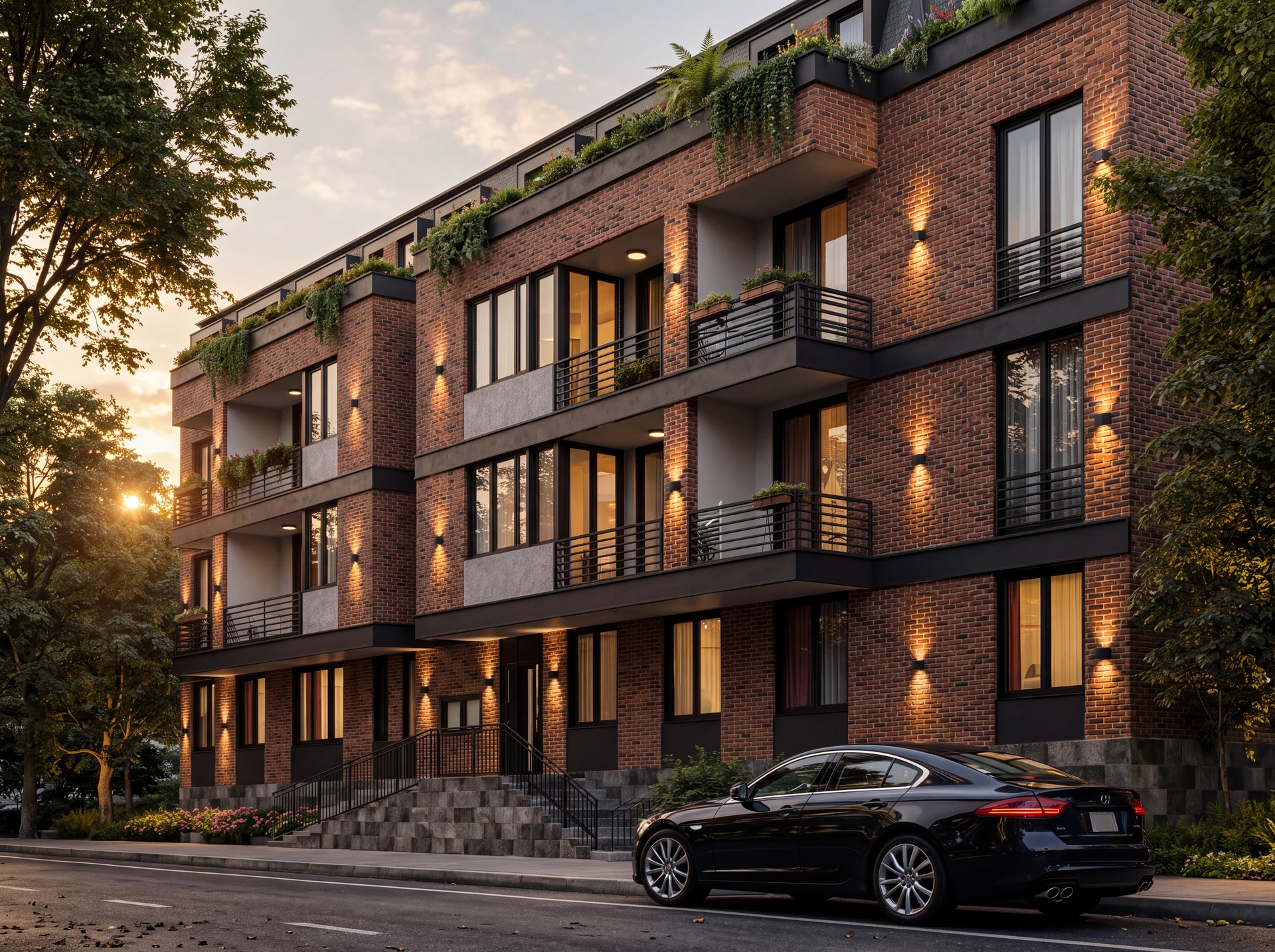 Harmony Residence: brick facade and balconies at sunset.
