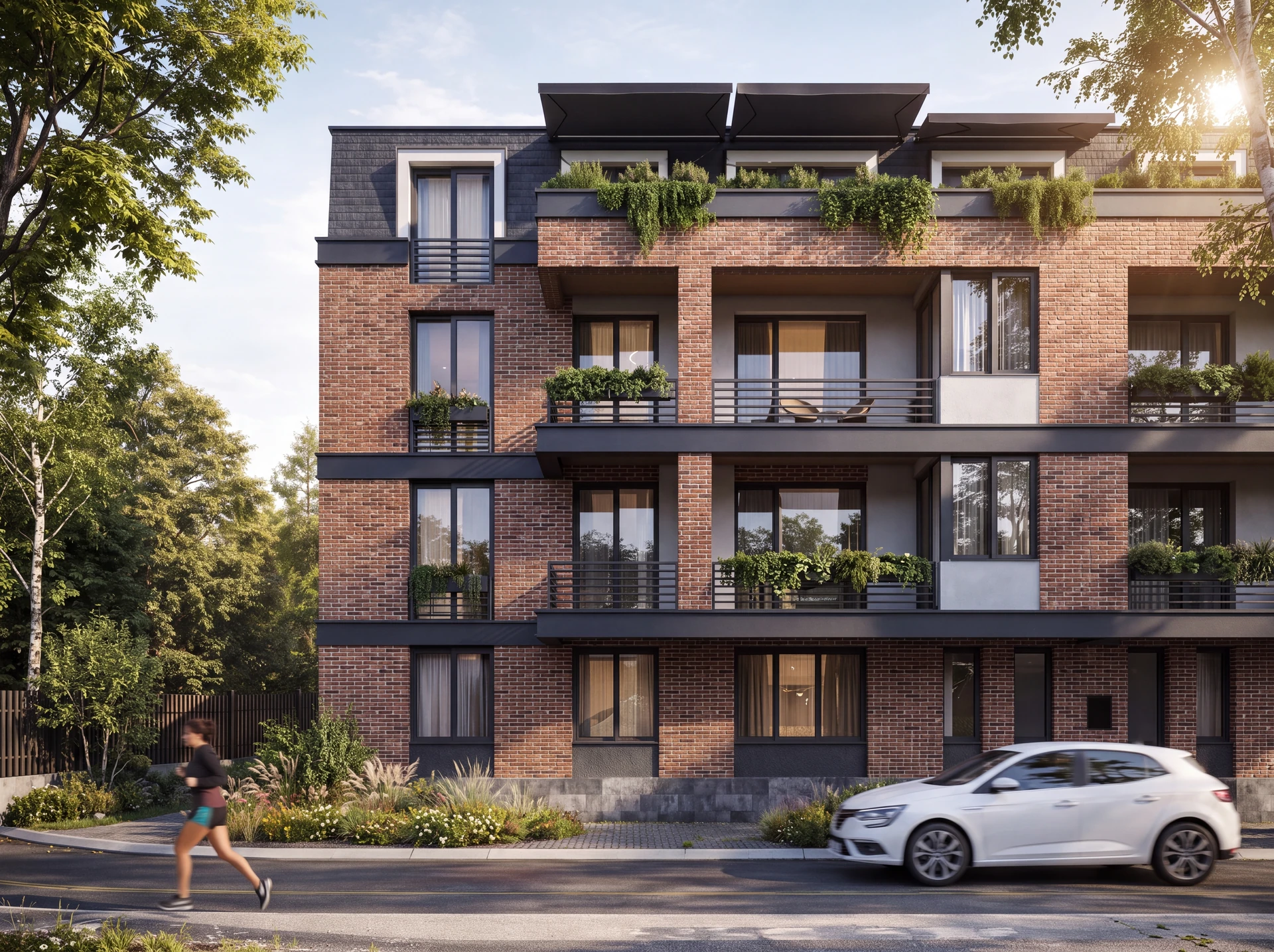 Harmony Residence: street-facing facade with planted balconies.